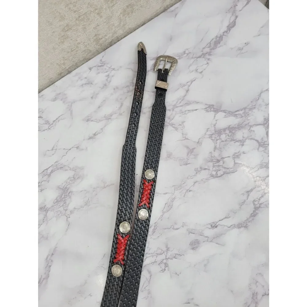 Gray Leather Basket Weave Embossed Belt with Red Lace Accent and Conchos